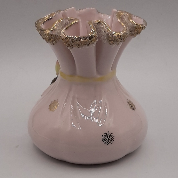 Vintage L'Amour Majolica Apples & Blossoms Pink Pinched Ruffled Top Vase Japan - Picture 3 of 9